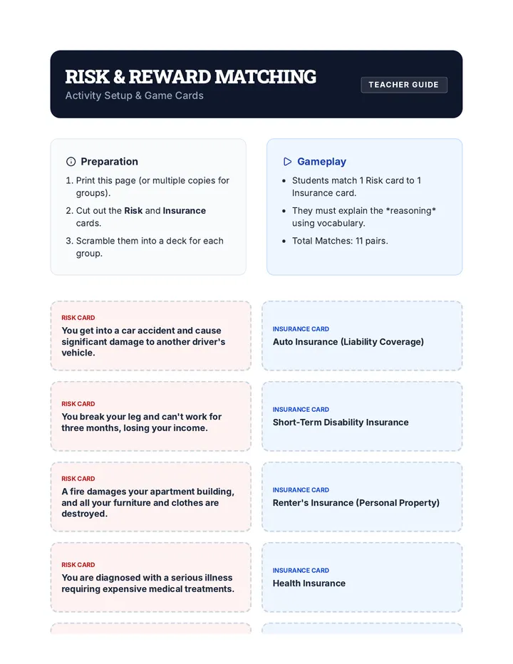 Risk Reward Matching Game