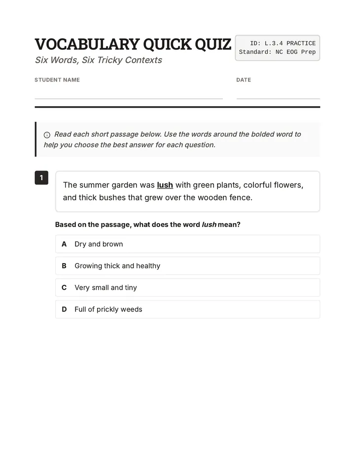 Vocabulary Quick Quiz Worksheet