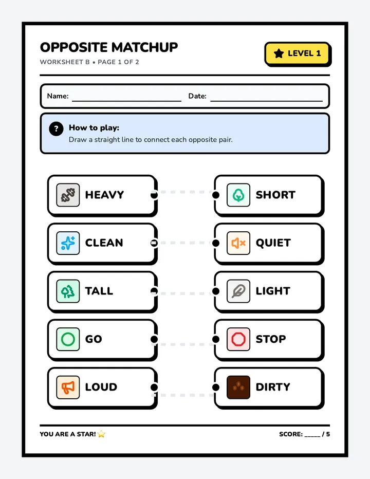 Opposite Matchup Worksheet B