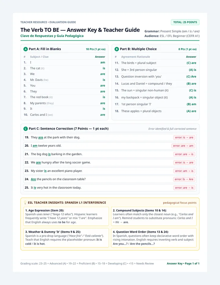 Verb To Be Answer Key