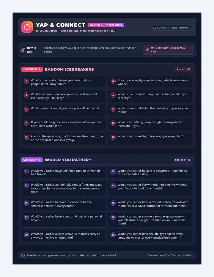 Yap and Connect Question Sheet