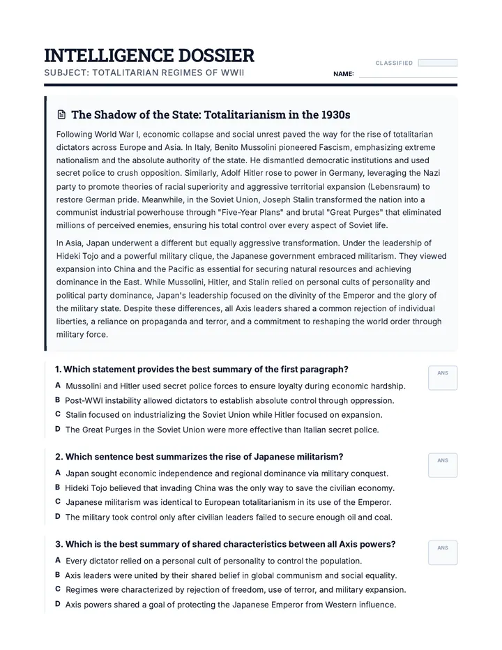 Dictator Dossier Worksheet