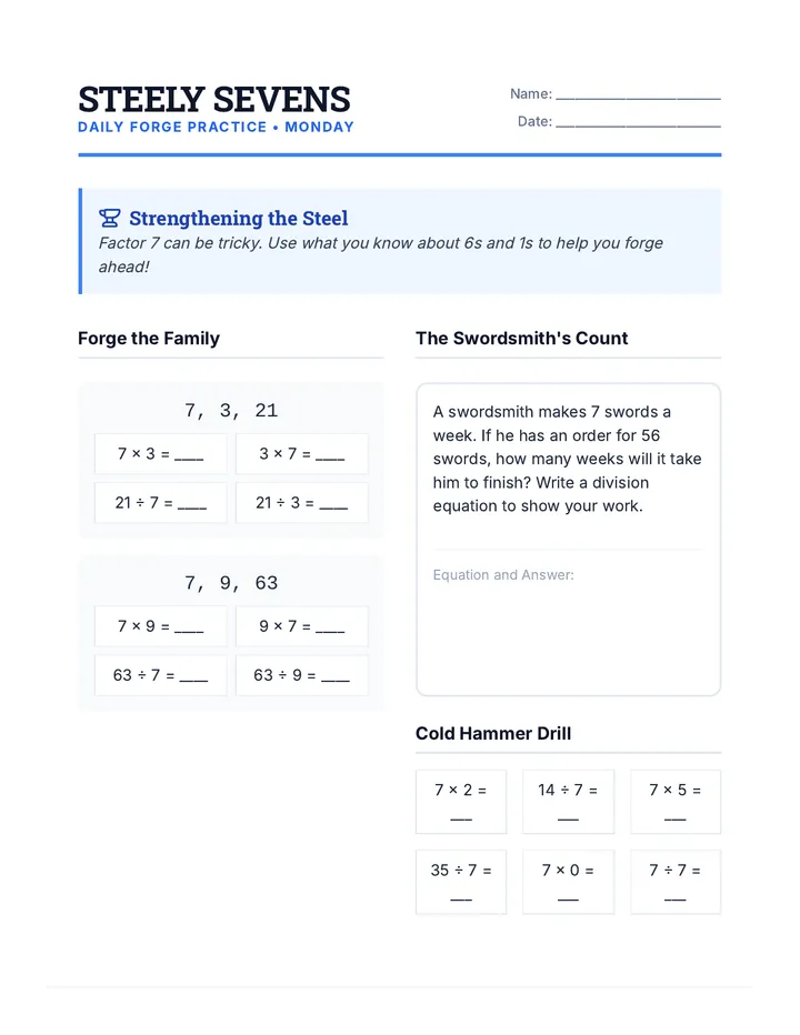 Sevens Daily Practice Worksheet