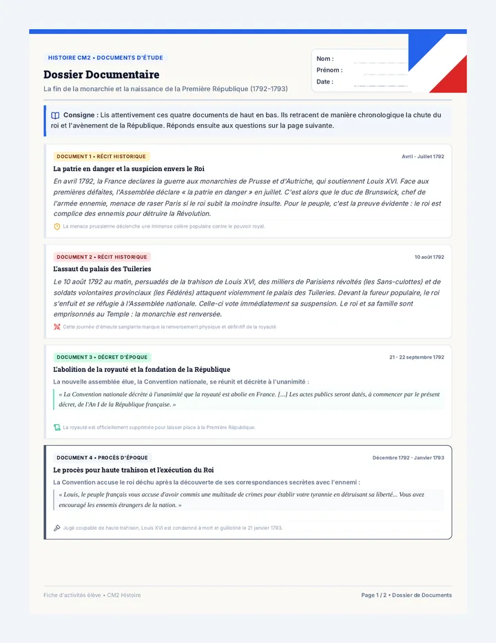 Chute du Roi Fiche Élève Dossier et Questions