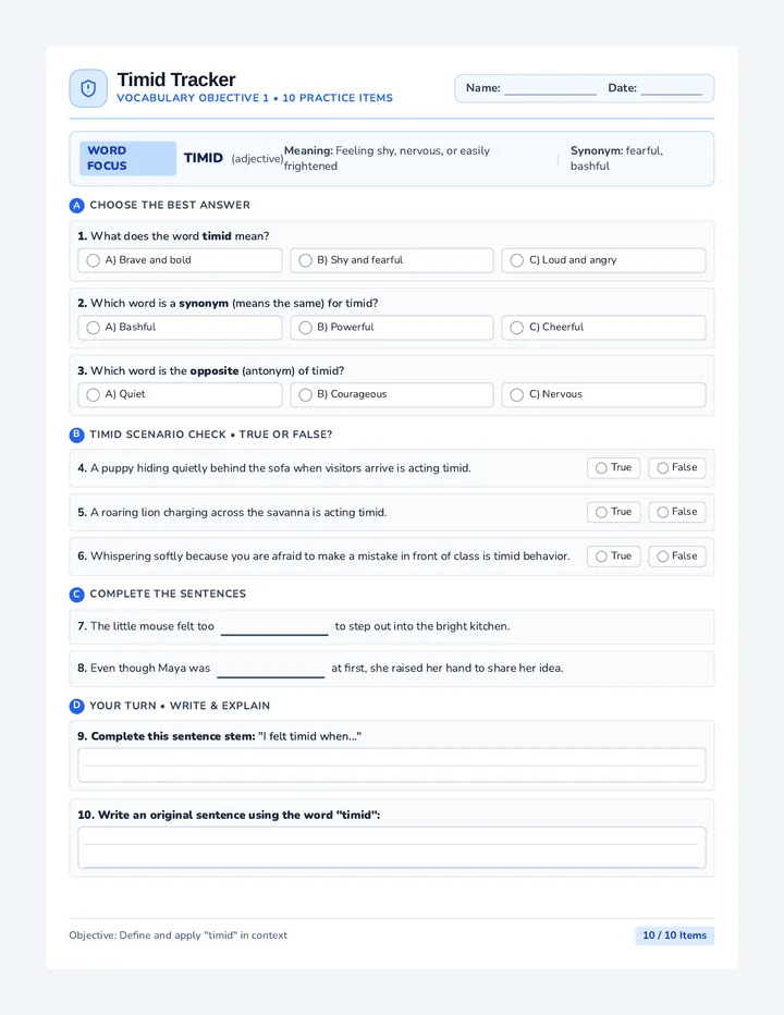 Timid Tracker Worksheet
