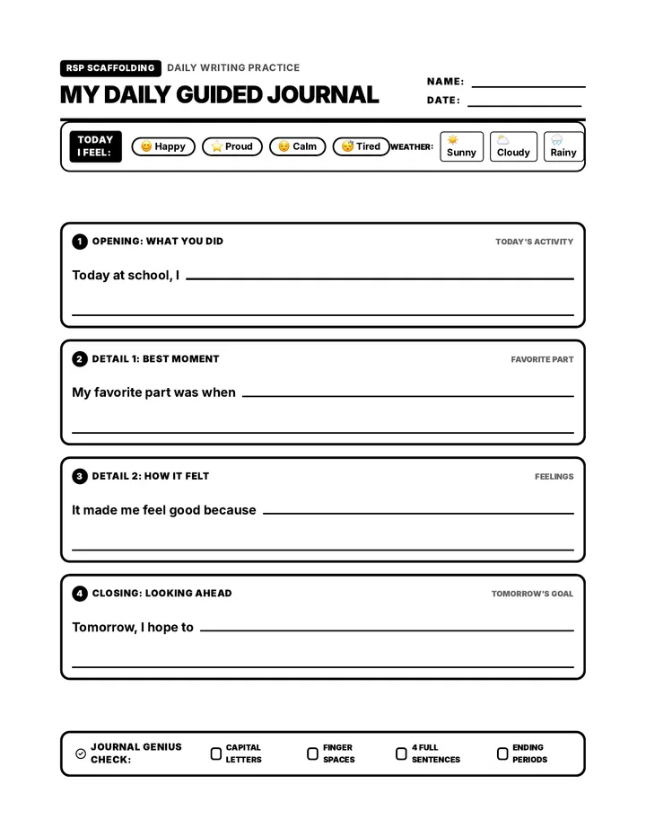 Journal Guided Writing Template