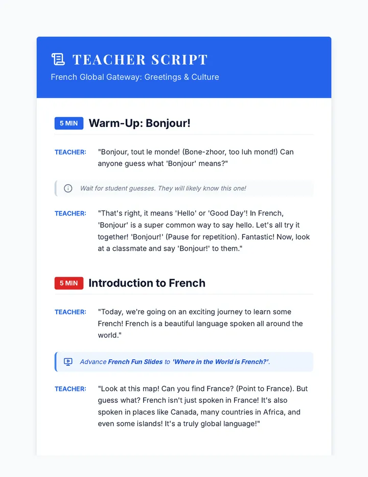 Teacher Script French Greetings