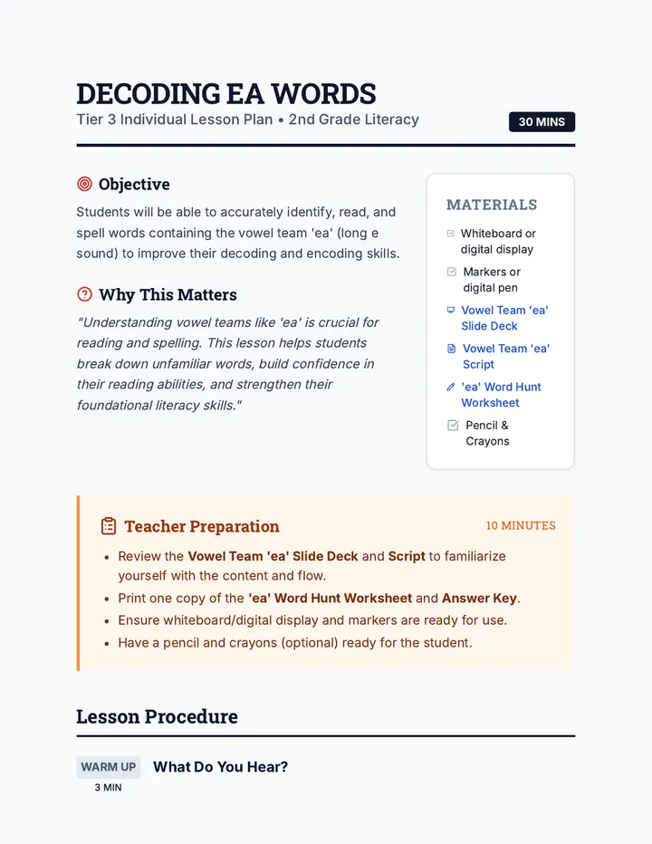 Decoding EA Words Lesson Plan