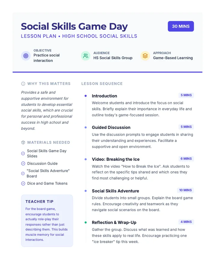Social Skills Game Day Lesson Plan