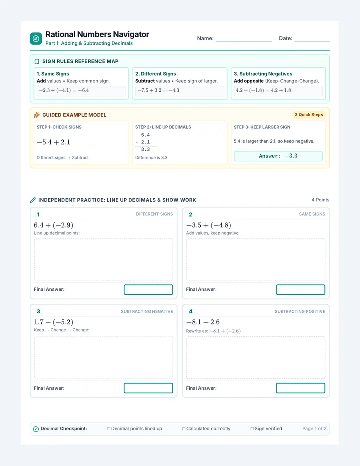Rational Numbers Navigator Worksheet