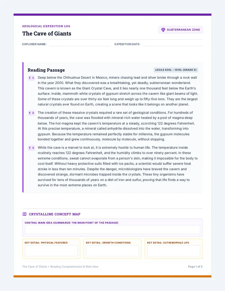 Crystal Cavern Worksheet