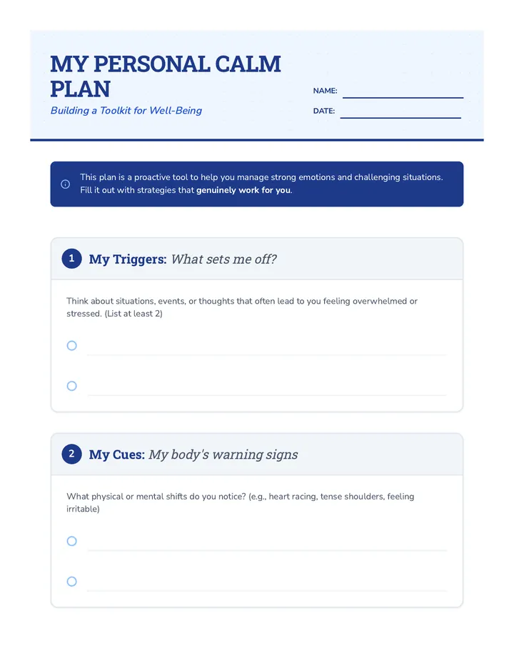 Personal Calm Plan Template Worksheet