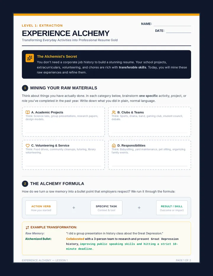 Experience Alchemy Worksheet page 1