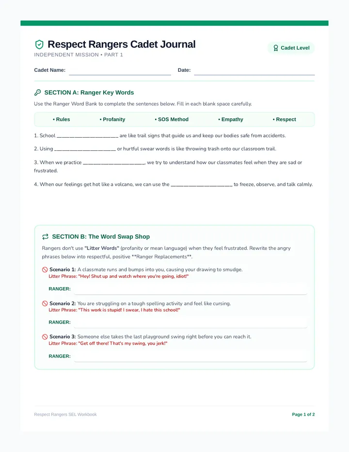Respect Rangers Worksheet