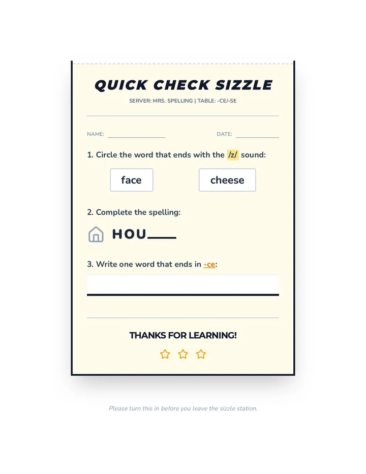Quick Check Sizzle Exit Ticket