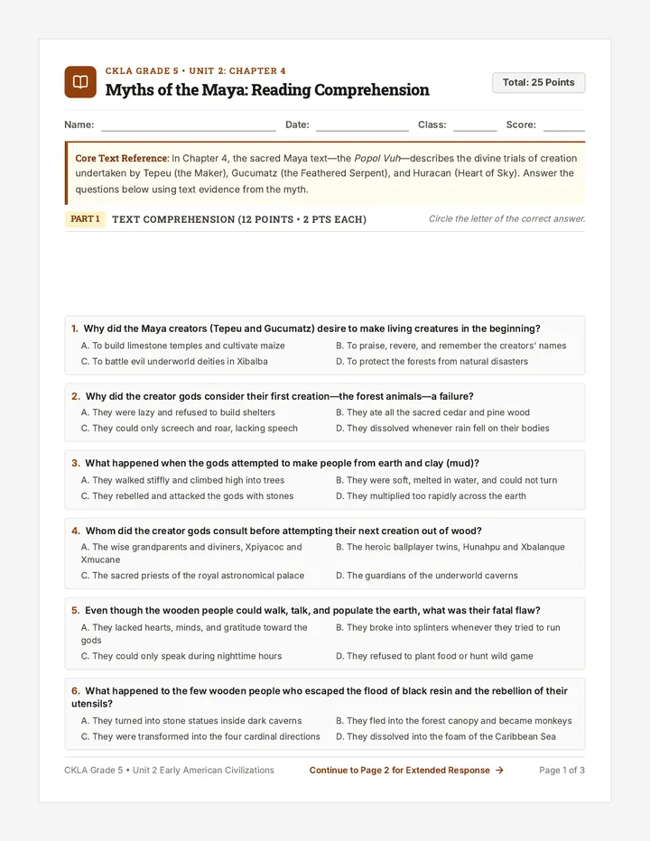 Maya Myths Comprehension Worksheet