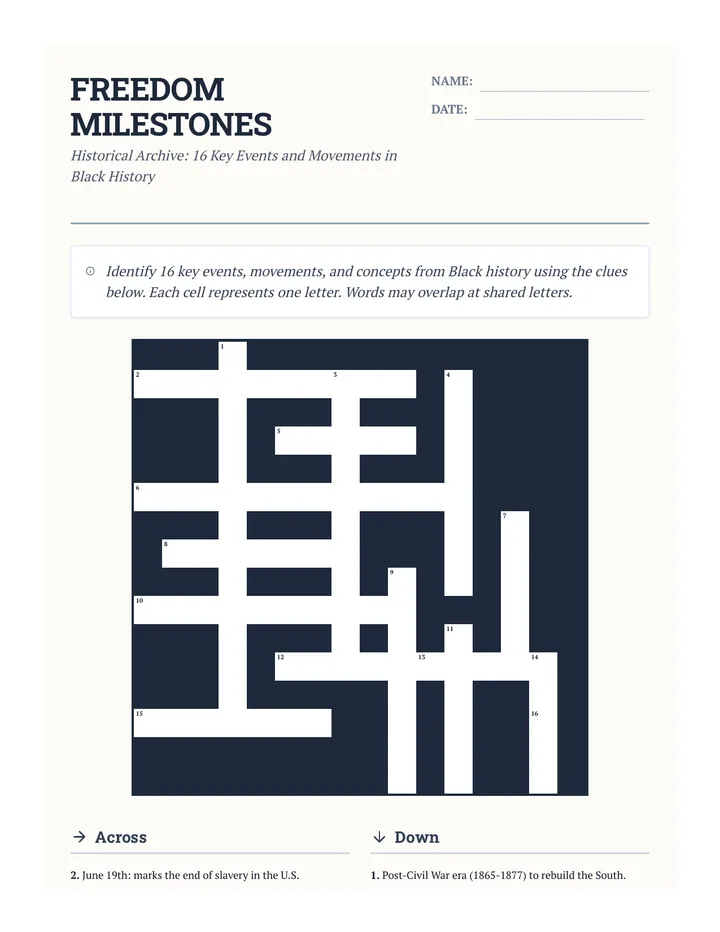 Freedom Milestones Crossword Worksheet