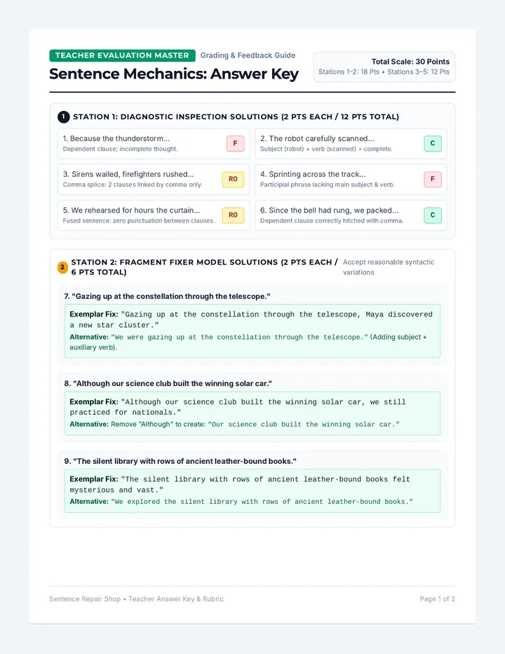 Sentence Mechanics Answer Key