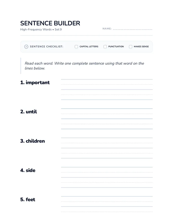 Sentence Builder Set 9 Worksheet