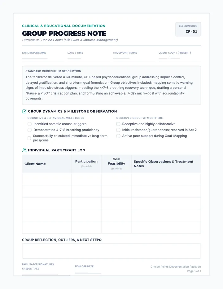 Choice Points Group Progress Note
