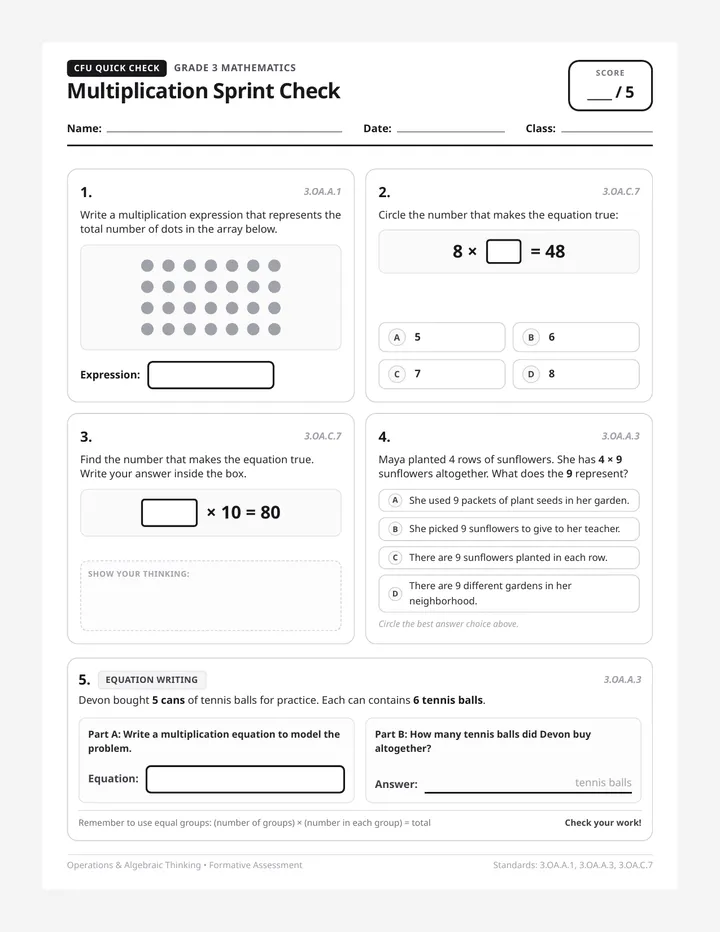 Multiplication Sprint Quick Check