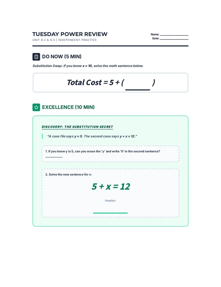 Tuesday Algebra Power Review Worksheet