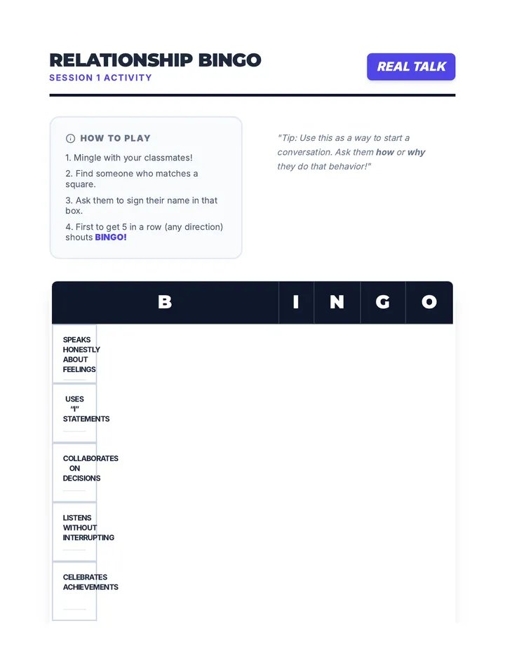 Relationship Bingo Game