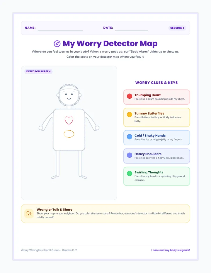 Worry Detectors Body Map Worksheet
