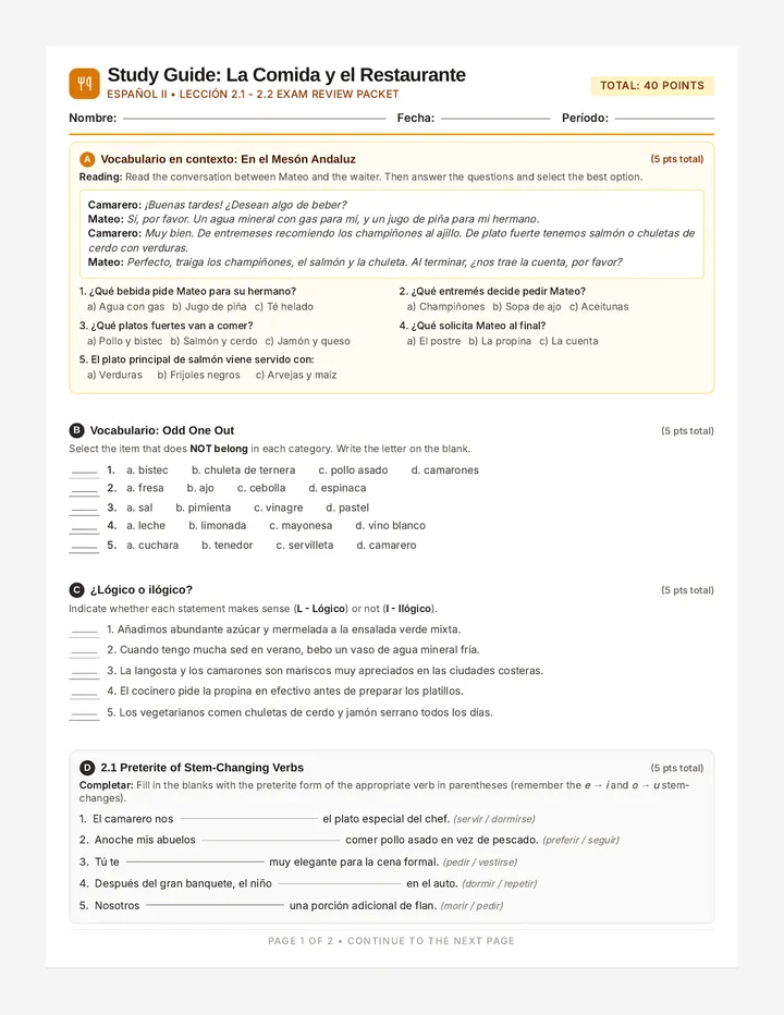 Comida Deliciosa Study Guide