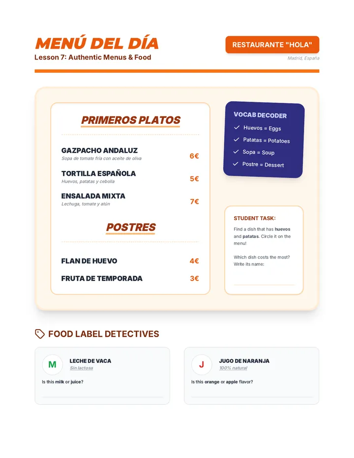 Menu Master Authentic Reading Worksheet