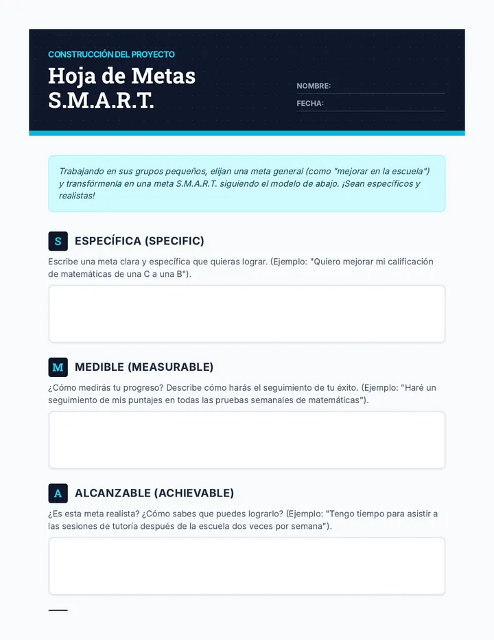 SMART Goals Worksheet Spanish