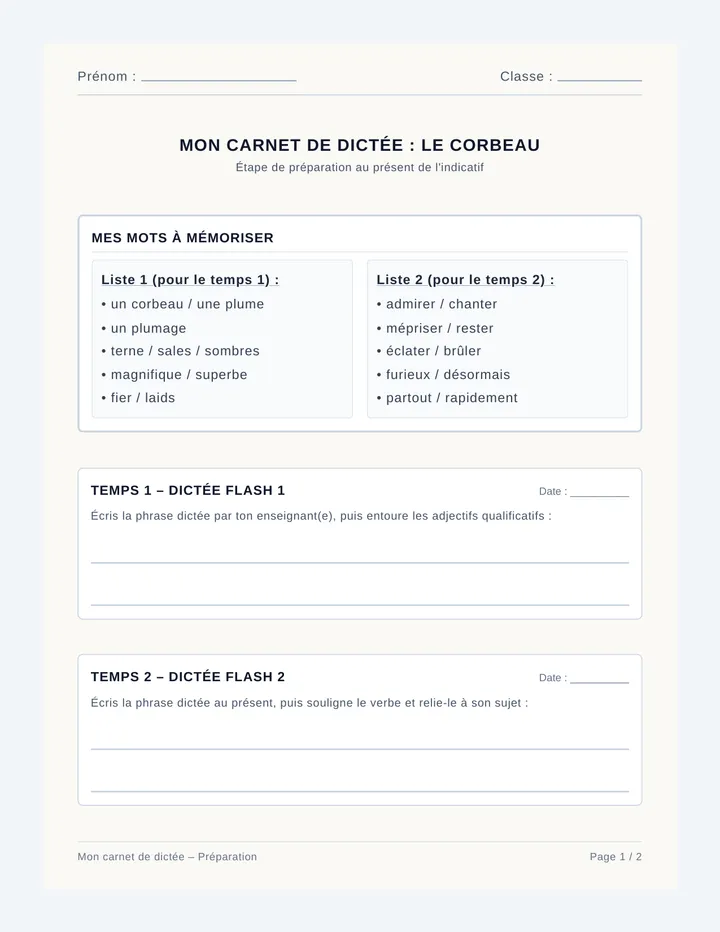 Corbeau Dictée Fiche Élève