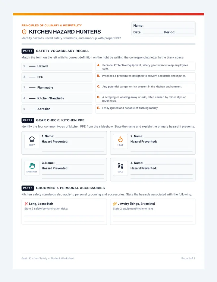 Kitchen Hazard Hunters Worksheet