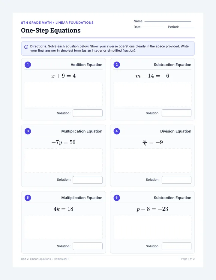 One Step Equations Homework