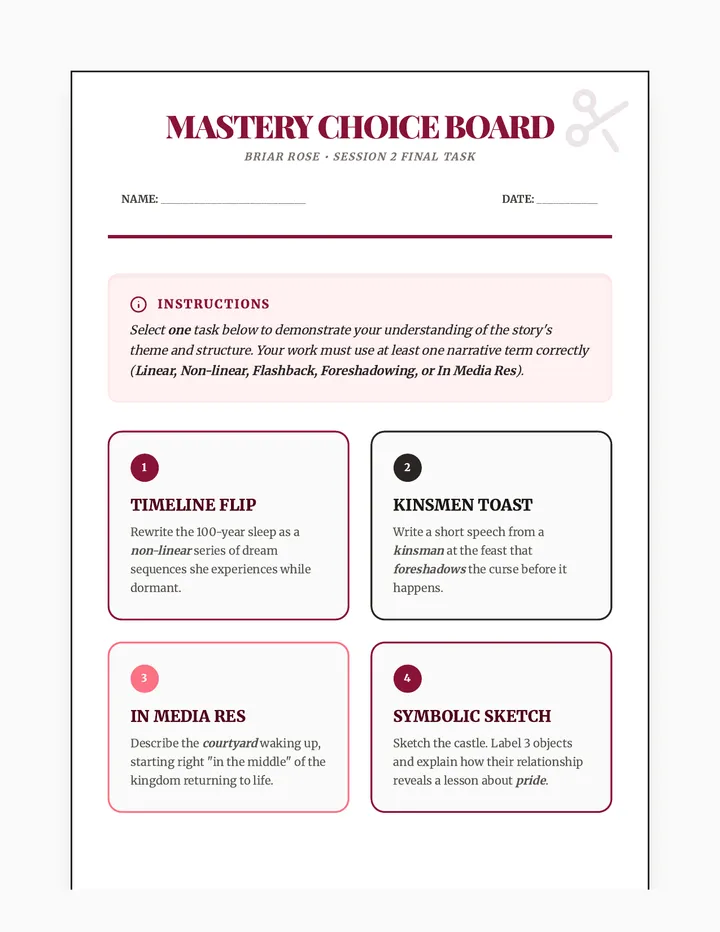 Briar Thorns Choice Board Handout