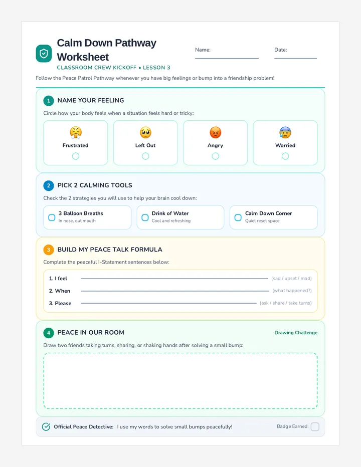 Calm Down Pathway Worksheet