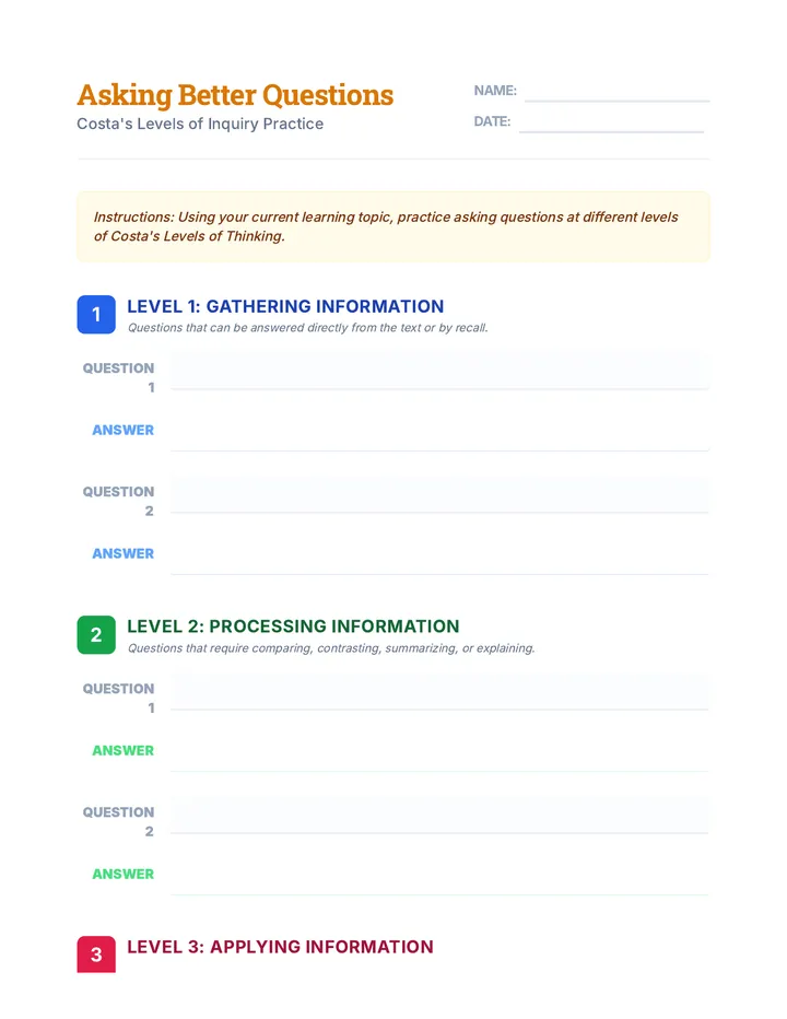 Costas Levels of Inquiry Worksheet