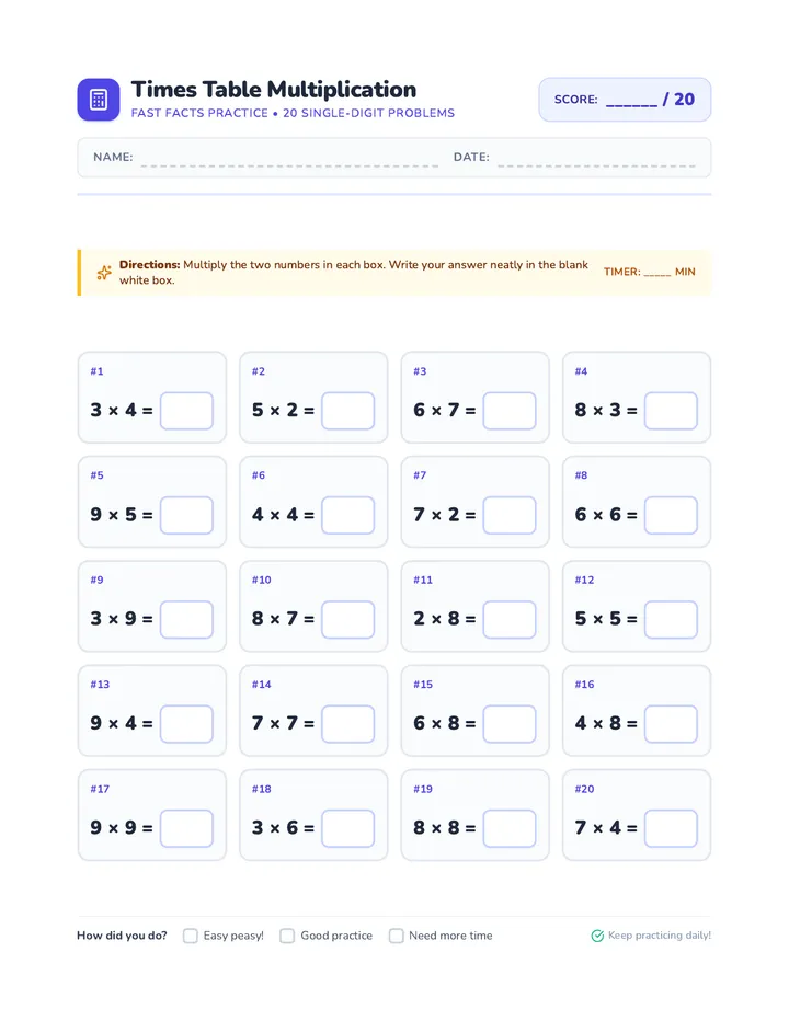 Times Table Multiplication Worksheet