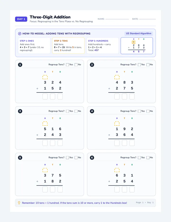 Three-Digit Addition Packet