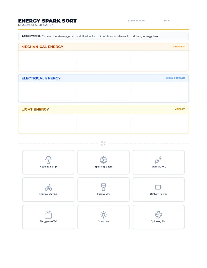 Energy Spark Sort Worksheet