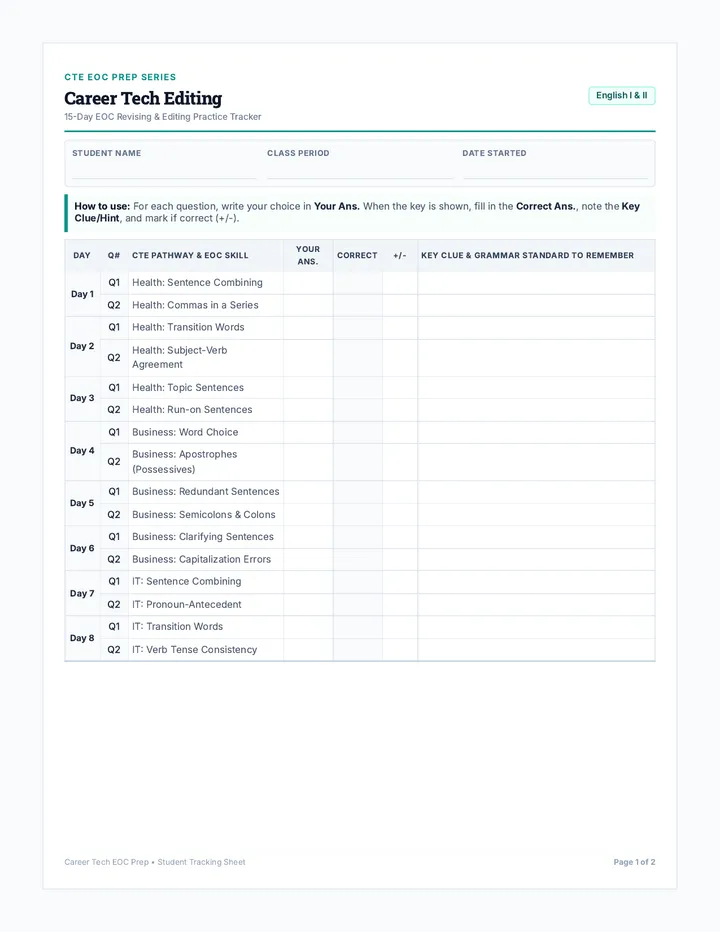Career Tech Editing Tracker Worksheet