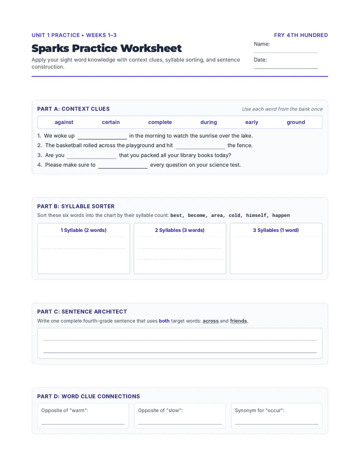 Sparks Practice Worksheet