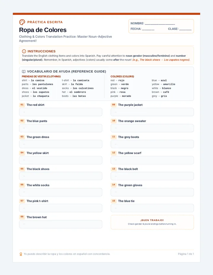Ropa de Colores Worksheet