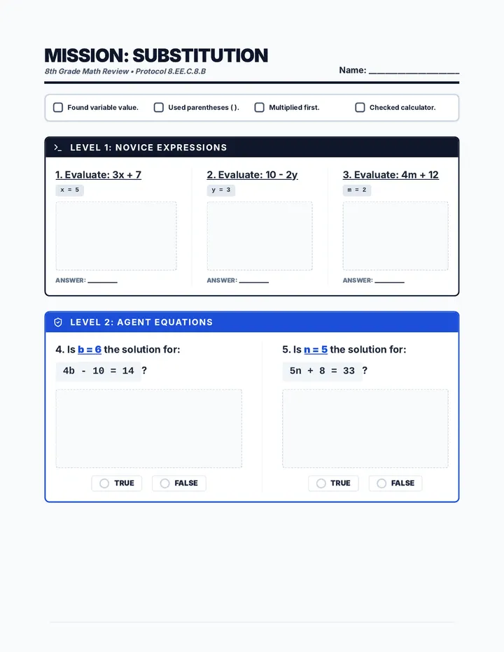 Substitution Mission Condensed Worksheet