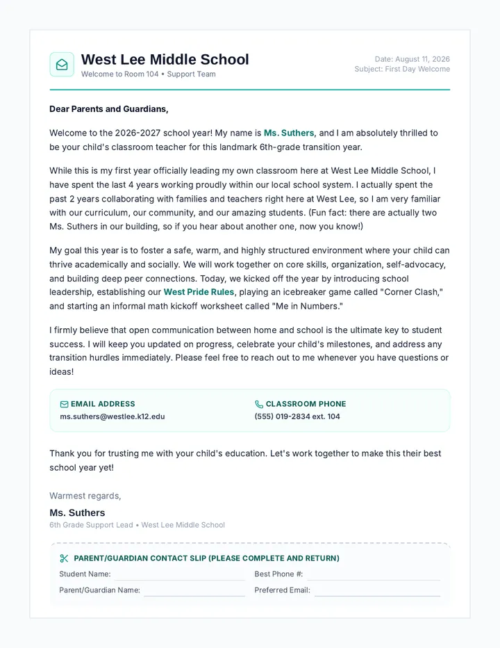 First Day Welcome Letter