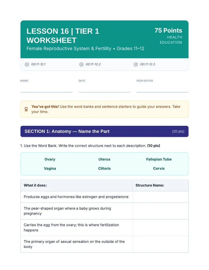Female Reproduction Tier 1 Worksheet
