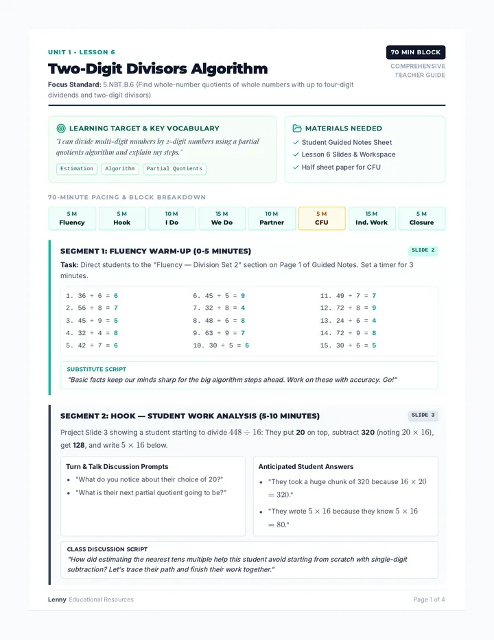Two Digit Divisors Teacher Guide
