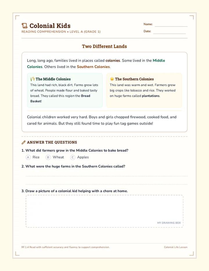 Colonial Kids Worksheet