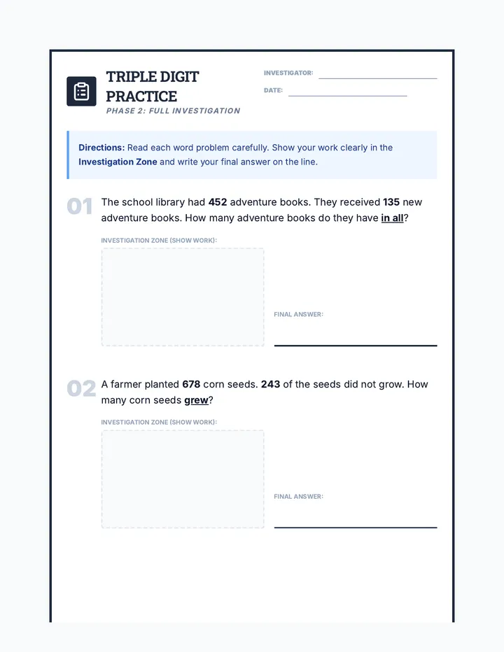 Triple Digit Practice Worksheet