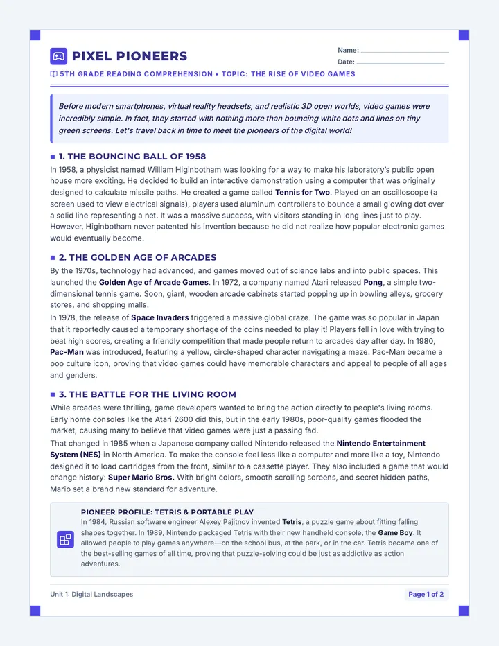 Pixel Pioneers Reading Worksheet
